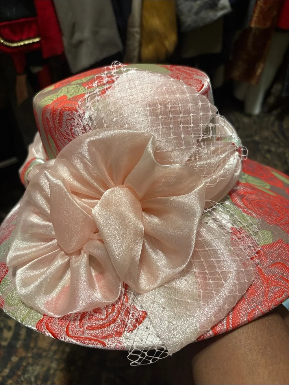 Clara Sun Woo Pink Satin Floral Dress Hat with Veil Accent
